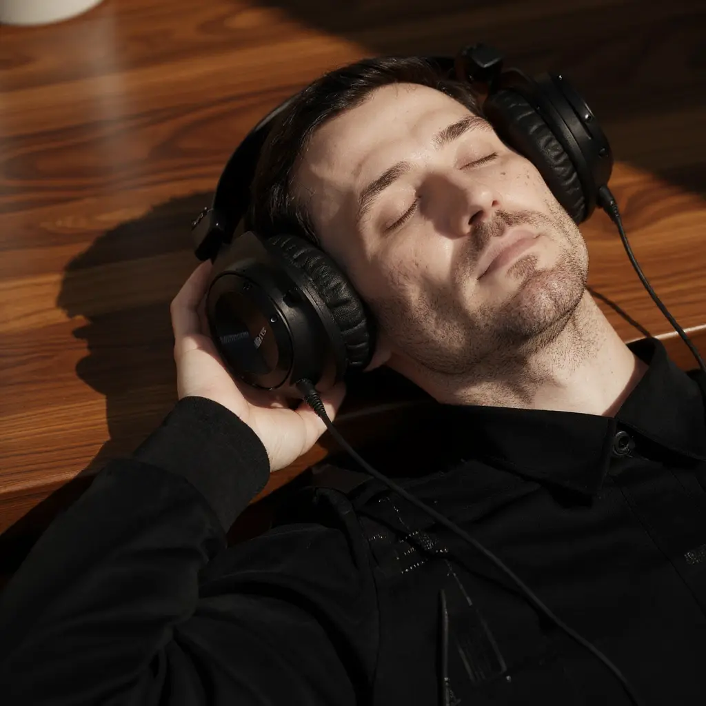 Homme détendu portant des écouteurs over-ear noir, yeux fermés, surdu dans un premier plan, fond en bois.