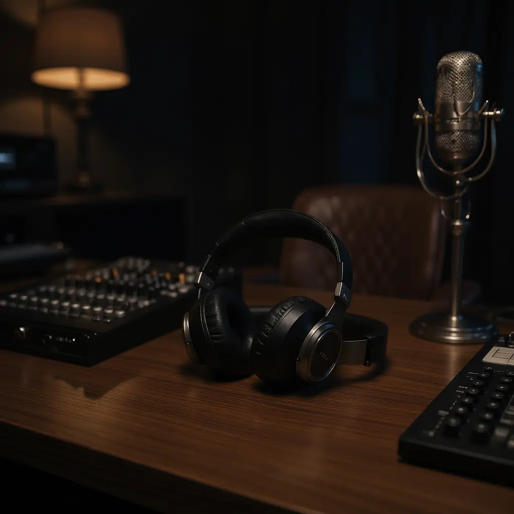 Casque audio Hi-Fi posé sur une table près d’un micro et d’un panneau de mixage, ambiance studio d’enregistrement sombre.